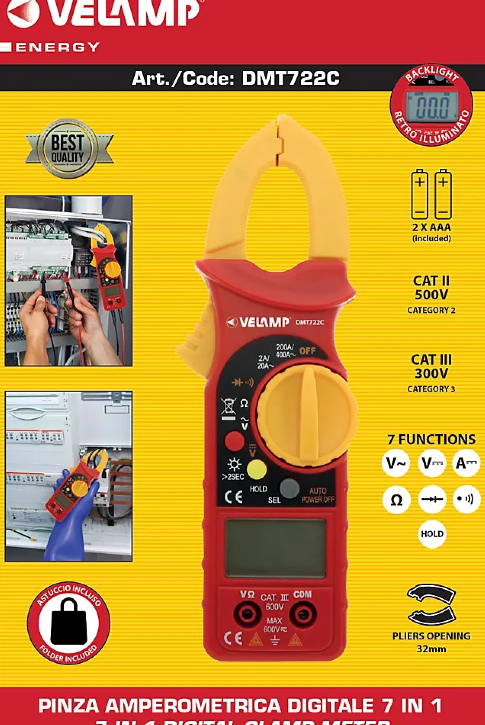 Pince ampèremétrique 7 fonctions. Ecran rétroéclairé