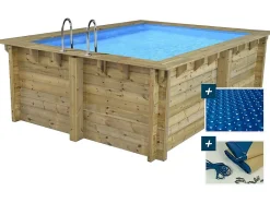 Piscine bois rectangle " Caimans 120 " 4.10 x 3.00 x 1.24 m + Bâche à bulles 180 micron Bâche hiver 280 gm²
