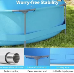 Piscine Hors Sol avec Pompe de Filtration, Pliableen PVC avec Cadre Métallique & Vidange de Fond & Coussinets Antidérapants(Bleu)