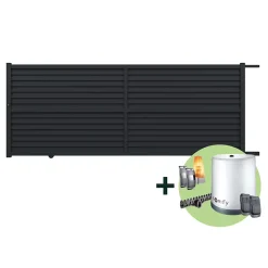 Portail effet persienne coulissant aluminium Neva Klikstrom + motorisation Somfy l.410 x H.163 cm gris anthracite RAL 7021