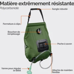 Sac de douche solaire 20 L pour camping ou jardin - Vert kaki - Linxor