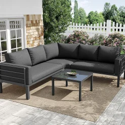 Salon Jardin 4-5 Places 1 Table Basse Verre Pieds Réglables Gris Blackcolors
