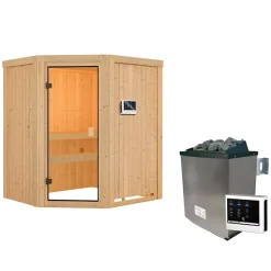 Sauna d'angle 2-3 places 68mm avec poêle 9kW Karibu Faurin en épicéa
