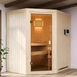 Sauna d'angle 2-3 places 68mm avec poêle 9kW Karibu Faurin en épicéa