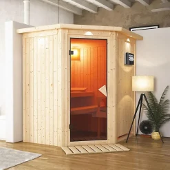 Sauna d'angle 3-4 places 68mm avec poêle 3,6 kW Plug & Play - Karibu Tonja