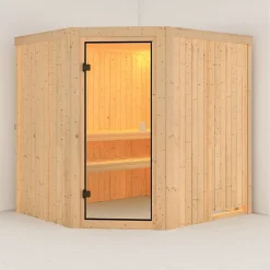 Sauna d'angle 5-6 places 196x178cm poêle 9kW vitrage bronze Karibu BODO