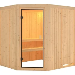 Sauna d'angle 5-6 places 196x178cm poêle 9kW vitrage bronze Karibu BODO