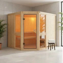 Sauna d'angle bois massif 6-8 places vitré Karibu Amelia 3 - 231x196 cm