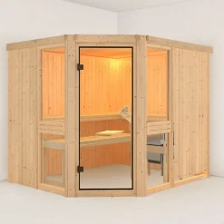 Sauna d'angle bois massif 6-8 places vitré Karibu Amelia 3 - 231x196 cm