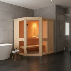 Sauna d'angle en épicéa 196x170 cm 4-6 places avec poêle en option - Karibu Amelia 1