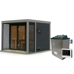 Sauna extérieur 6-8 places épicéa 7,62m² terrasse vitrée poêle 9kW Karibu Ares