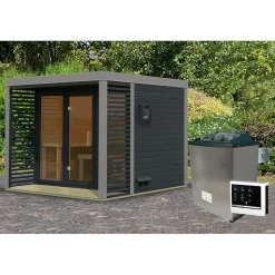 Sauna extérieur 6-8 places épicéa 7,62m² terrasse vitrée poêle 9kW Karibu Ares
