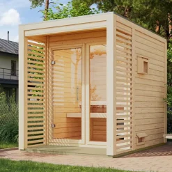 Sauna extérieur 4-6 places épicéa nordique 5,3m² terrasse vitrée Karibu Angkor