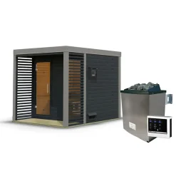 Sauna extérieur 4-5 places épicéa avec terrasse, poêle 9kW et fenêtre - Karibu Ares 2