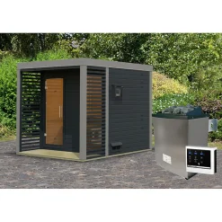 Sauna extérieur 4-5 places épicéa avec terrasse, poêle 9kW et fenêtre - Karibu Ares 2