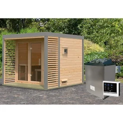 Sauna extérieur 6-8 places épicéa 38mm avec terrasse - Karibu Ares 3