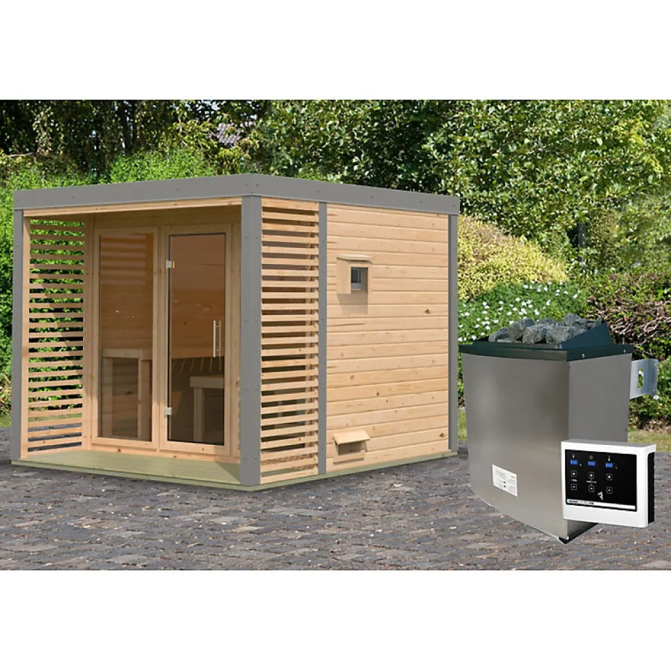 Sauna extérieur 6-8 places épicéa 38mm avec terrasse - Karibu Ares 3