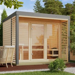 Sauna extérieur 6-8 places épicéa 38mm avec terrasse - Karibu Ares 3