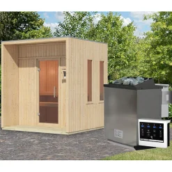 Sauna extérieur 4,7m² 2-4 places bois avec poêle 9kW et fenêtres Karibu Arcadia