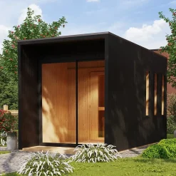 Sauna extérieur noir 3-6 places 220x429cm avec terrasse - Karibu Miramar