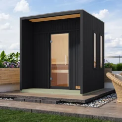 Sauna extérieur noir 2-4 places 4,7m² toit plat avec plancher - Arcadia Karibu