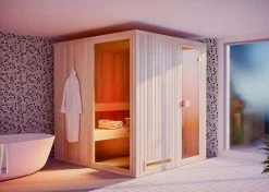 Sauna intérieur Miranda FinnTherm, 24x19m dim ext (cas échéant incl débord de toit) naturel, épaisseur paroi : 72mm, 4,7m² totale