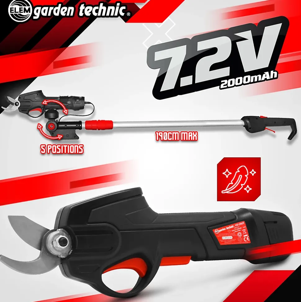 Sécateur rechargeable 7.2V lithium avec perche télescopique - Elem Garden
