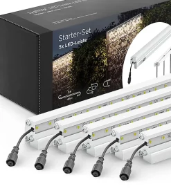 Set d'éclairage pour clôture en métal/gabion: 5x Barettes LED de Lg. 2460 m/m, Anodisée argent, 1 tranformateur EU, 1 prolongateur