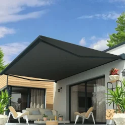 Store banne coffre intégral CELESTE 3,00x2,00 M (Motorisé Secours à Télécommande - Armature gris anthracite - Toile grise)