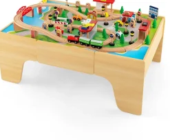 Table Circuit de Train Enfant en Bois 84Pcs Train Bois Jouet avec Plateau Réversible Amovible
