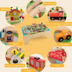 Table Circuit de Train Enfant en Bois 84Pcs Train Bois Jouet avec Plateau Réversible Amovible