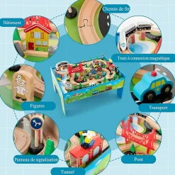 Table Circuit de Train Enfant Rail de Train Bois 80 Pcs avec Rails Jouet Activités pour Garçons Acessoire Complets Vert