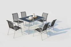 Table de jardin et 6 chaises en acier et toile PVC gris - LUSIANA