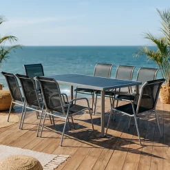Table de jardin et 8 chaises en acier et toile PVC gris - LUSIANA