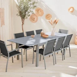 Table de jardin extensible aluminium + 8 assises - Chicago Gris - Table en aluminium 175/245cm avec rallonge et 8 assises en