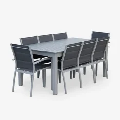 Table de jardin extensible aluminium + 8 assises - Chicago Gris - Table en aluminium 175/245cm avec rallonge et 8 assises en