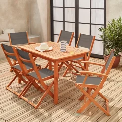 Table de jardin extensible bois d'eucalyptus + 6 assises - Almeria - Table 120/180cm avec rallonge. 2 fauteuils et 4 chaises. en
