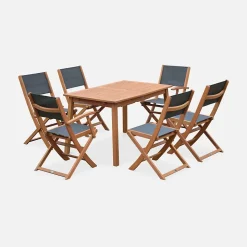 Table de jardin extensible bois d'eucalyptus + 6 assises - Almeria - Table 120/180cm avec rallonge. 2 fauteuils et 4 chaises. en