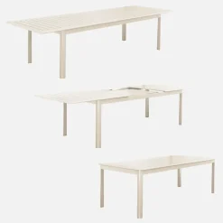 Table de jardin extensible aluminium + 10 assises aluminium et textilène beige. 8 chaises. 2 fauteuils. 10 places. 290 x 100 x 75