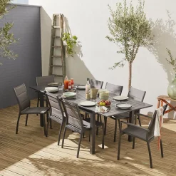 Table de jardin extensible aluminium + 8 assises - Chicago Anthracite/Gris taupe - Table en aluminium 175/245cm avec rallonge et 8
