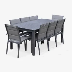 Table de jardin extensible aluminium + 8 assises - Chicago Anthracite/Gris taupe - Table en aluminium 175/245cm avec rallonge et 8