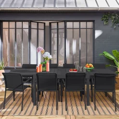 Table de jardin extensible aluminium + 8 assises aluminium et textilène. anthracite. 270 x 90 x 75 cm