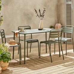 Table de jardin métal + 4 assises kaki en acier. Amelia. 120x70xH72.5cm (12.2kg)
