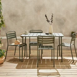 Table de jardin métal + 4 assises kaki en acier. Amelia. 120x70xH72.5cm (12.2kg)