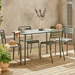 Table de jardin métal + 4 assises kaki en acier. Amelia. 120x70xH72.5cm (12.2kg)