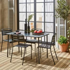 Table de jardin métal + 4 assises anthracite en acier. Amelia. 120 x 70 x 72.5 cm