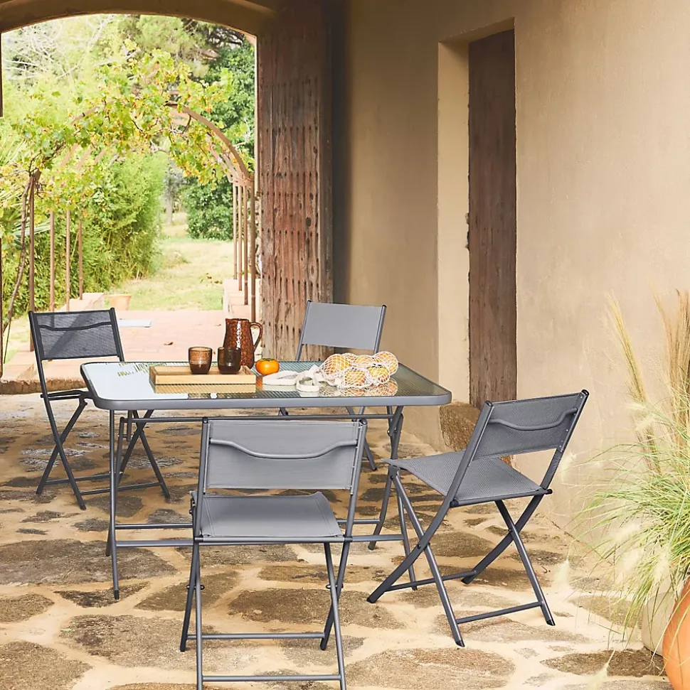 Table de jardin pliante acier + 4 assises textilène anthracite - Ancona