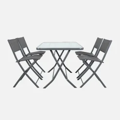 Table de jardin pliante acier + 4 assises textilène anthracite - Ancona