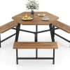Table de Pique-Nique Jardin Exterieure en Bois d'Acacia pour 6 Personnes avec 3 Bancs Intégrés,avec Trou Parasol