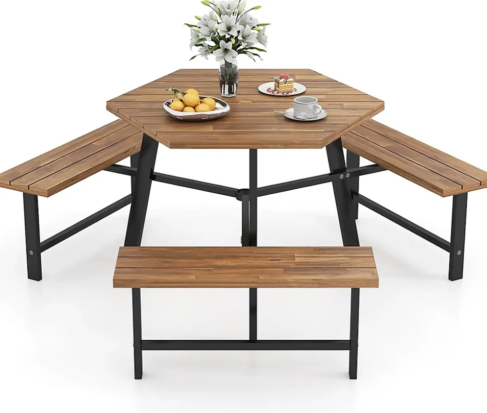 Table de Pique-Nique Jardin Exterieure en Bois d'Acacia pour 6 Personnes avec 3 Bancs Intégrés,avec Trou Parasol